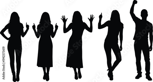 People raising hands silhouette set, woman and man standing with hand gestures voting cheering pointing isolated vector illustration collection