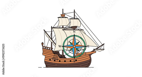 Vintage Sailing Ship with Compass Rose
