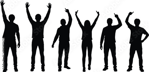 People raising hands silhouettes collection cheering pointing voting gesture, men and woman crowd isolated black vector illustration set