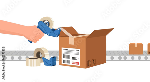 Hand sealing cardboard box with tape dispenser on conveyor belt