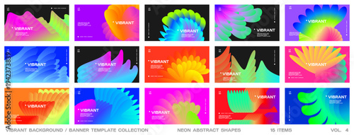 Abstract vibrant background collections, banner set. Colorful neon abstract shape. Horizontal poster, card, cover. Digital futuristic vector illustration for event and music, Landing page bundle