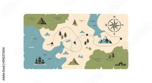 Treasure Map: Pirate Ship, Compass, Islands, Mountains, Journey Route