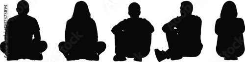 People sitting cross legged silhouettes collection, men and women floor seated relaxed poses isolated black vector illustration set