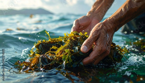 Hands harvesting seaweed in the ocean, a sustainable food source.