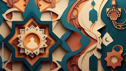 Islamic geometric patterns with mosque elements and ramadan symbols in shades of blue and orange