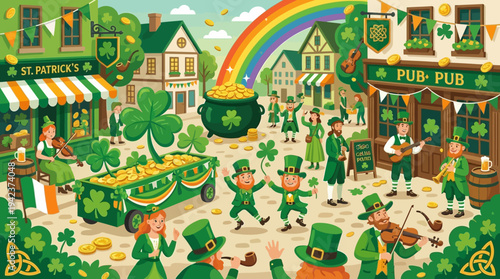 Vibrant St. Patrick's Day Celebration Illustration featuring Leprechauns, Irish Musicians, a Pot of Gold, and a Rainbow in a Festive Village Square