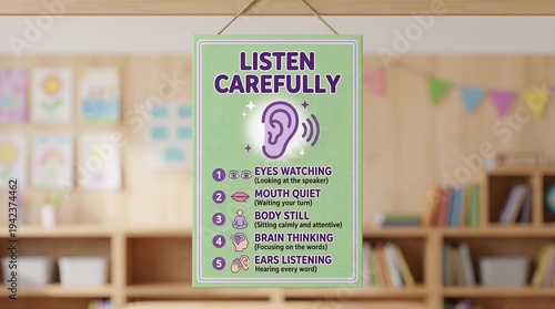 Listen carefully poster in classroom educational sign with purple text and ear icon on green background
