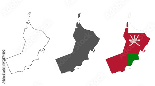 Map of Oman Set with Contour Outline, Solid Silhouette, and National Flag Design Isolated on White Background for Travel and Geographic Concepts