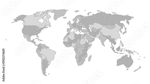 Simplified Grayscale World Map with Country Borders Isolated on White Background