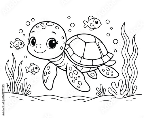Sea turtle with tropical fish and seaweed coloring page for kids underwater scene drawing
