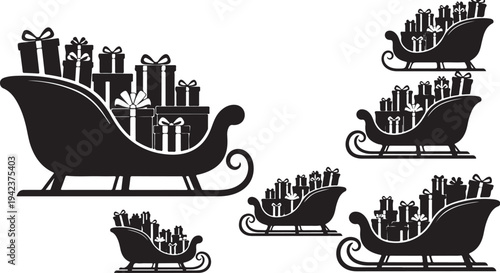 Black silhouettes of Christmas sleighs with gifts isolated white