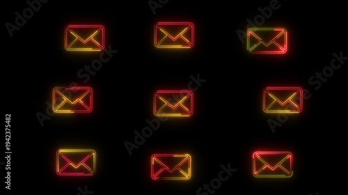 Glowing Neon Email Icons Background – Red and yellow Mail Notification Symbols on Black