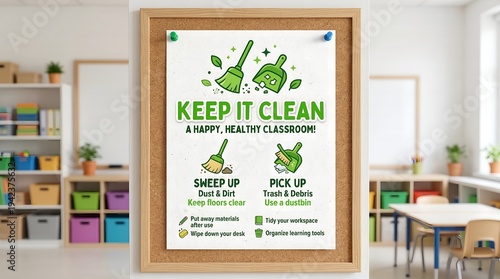 Classroom poster with keep it clean text and cleaning icons on a bulletin board in a bright classroom