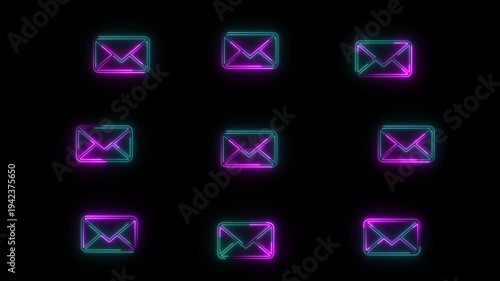 Glowing Neon Email Icons Background – Blue and Purple Mail Notification Symbols on Black