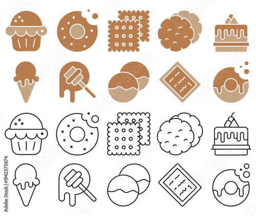 Sweet Dessert Icons Collection – Donut, Cookie, Cake, Ice Cream, Minimalist Dessert and Bakery Icon Set in Brown Flat Style