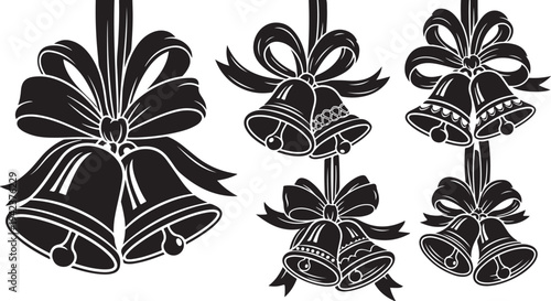 Black and white Christmas bells with ribbons and bows