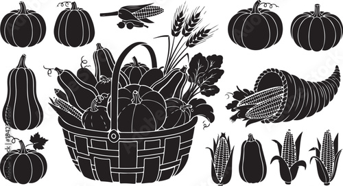 Black and white illustration of autumn harvest vegetables basket
