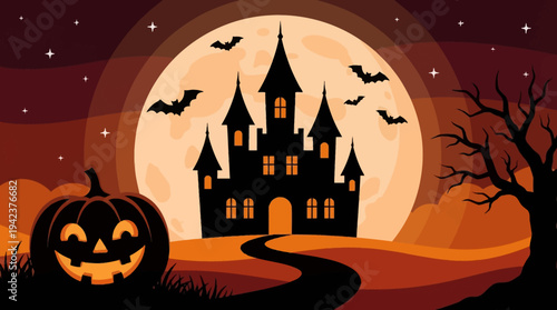 Halloween Haunted Castle Illustration with Large Full Moon, Jack-O-Lantern Pumpkin, and Flying Bats on Spooky Night Background