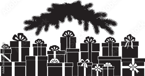 Black and white illustration of Christmas gifts and tree