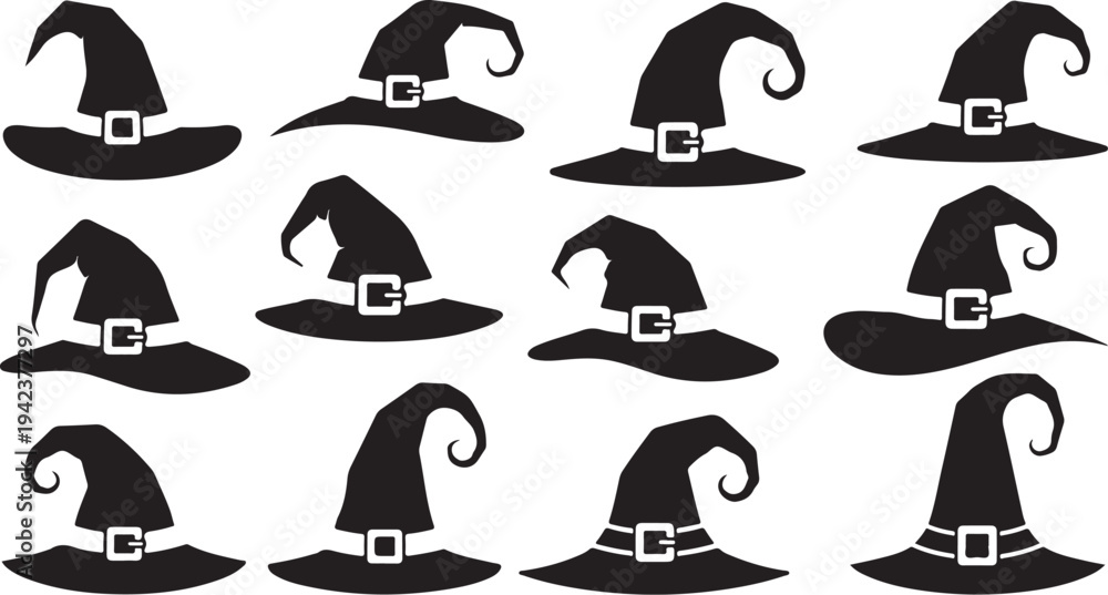 Obraz premium Collection of black witch hats with white buckles displayed
