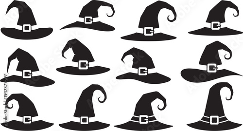 Collection of black witch hats with white buckles displayed