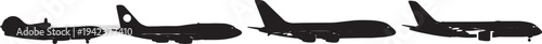 Black Solid Civilian Airliners from Various Eras Silhouettes Set of Six on White Background
