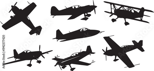 Black Solid Classic Aerobatic Planes Silhouettes Set of Six on White Background