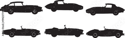 Black Solid Classic British Sports Car Silhouettes Set of Six on White Background