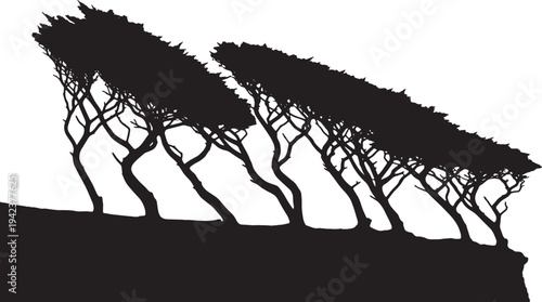 Black Solid Cliff Edge Tree Silhouettes Set of Six on White Background
