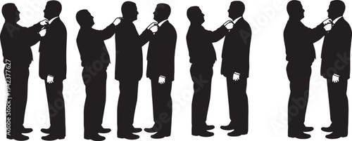 Black Solid Coach Adjusting Tie Silhouettes Set of Six on White Background