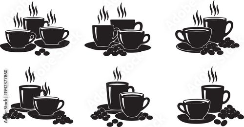 Black Solid Coffee Cup and Coffee Beans Silhouettes Set of Six on White Background