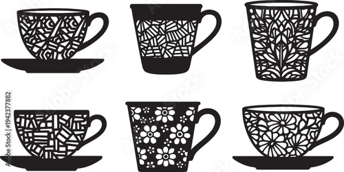 Black Solid Coffee Cup with Artistic Patterns Silhouettes Set of Six on White Background