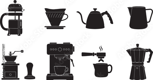 Black Solid Coffee Cup with Brewing Equipment Silhouettes Set of Six on White Background