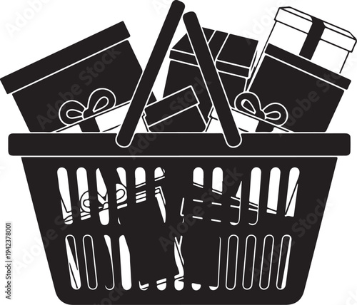 Shopping basket filled with gift boxes and presents online