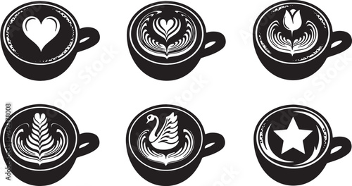 Black Solid Coffee Cup Latte Art Foam Silhouettes Set of Six on White Background