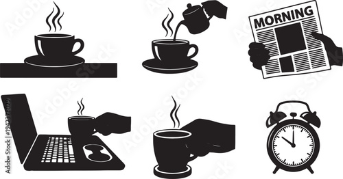 Black Solid Coffee Cup Morning Routine Silhouettes Set of Six on White Background
