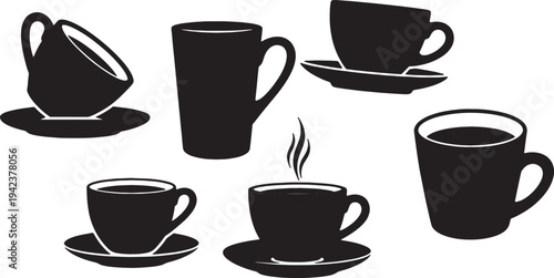 Black Solid Coffee Cup Outdoor Cafe Setting Silhouettes Set of Six on White Background