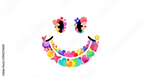 A colorful illustration of a smiley face made of various icons and logos on a white background, celebrating International Day of Happiness with a joyful design.