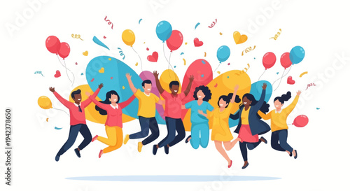 Illustration of diverse people jumping with colorful balloons and confetti on International Day of Happiness, celebrating rights and goals with a joyful design.