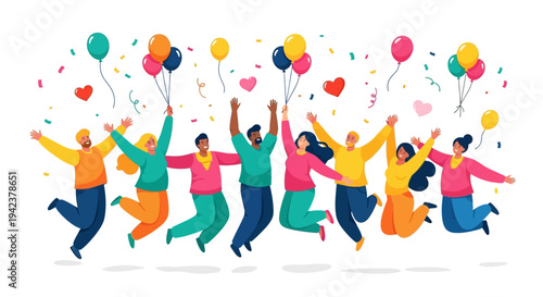 Vector illustration of diverse people jumping with balloons and confetti on International Day of Happiness, conveying a joyful mood with colorful design elements.