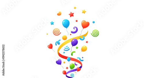 Vector illustration of colorful icons and symbols rising up for International Day of Happiness, featuring balloons, stars, and diverse characters in a joyful design.