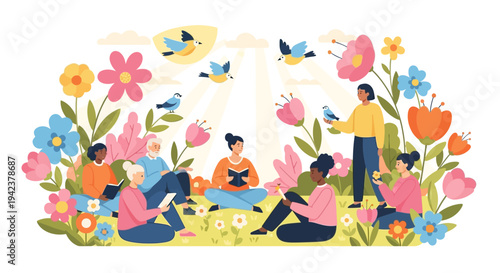 Illustration of diverse people celebrating International Day of Happiness with colorful flowers, balloons, and icons in a joyful outdoor setting with a mix of genders.