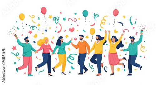 Illustration of diverse people celebrating International Day of Happiness with balloons and confetti in a colorful design, conveying a joyful mood with a mix of genders and icons.