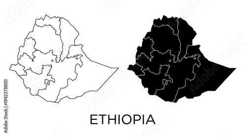 Ethiopia Administrative Map Vector Illustration with Outline and Silhouette Shapes Showing Regional Borders