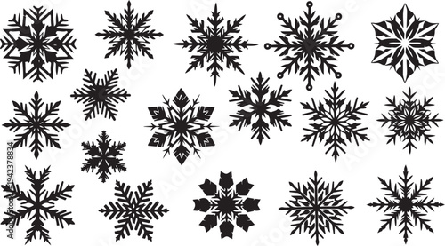 Collection of black snowflakes on white background illustration set