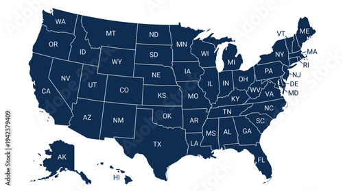 Minimalist Dark Blue United States Map with State Outlines and Two-Letter Postal Abbreviations on White Background