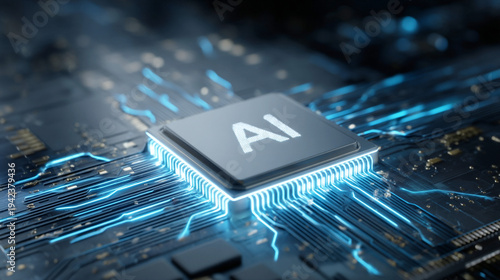 AIの文字が光る最新の半導体チップと電子回路
