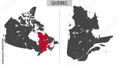 Quebec Province Map Highlighted in Red on Canada Map and Detailed Quebec Silhouette Outline Isolated on White Background