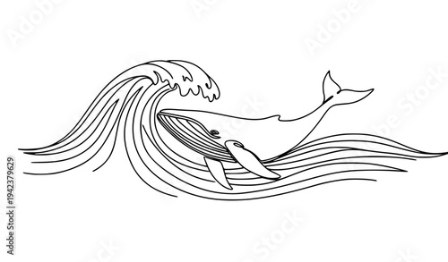 Minimal Continuous Line Whale With Ocean Wave Abstract Vector