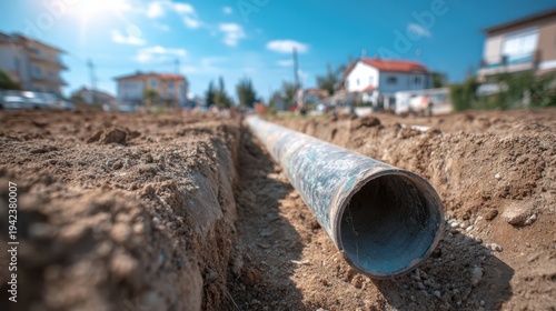 Wallpaper Mural A metal pipe is being installed in a trench along a suburban street, surrounded by soil and residential houses under a clear blue sky. Torontodigital.ca